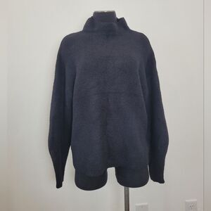 Tahari T Chenille Thick Knit Oversized Sweater Mock Neck Black Minimalist Large